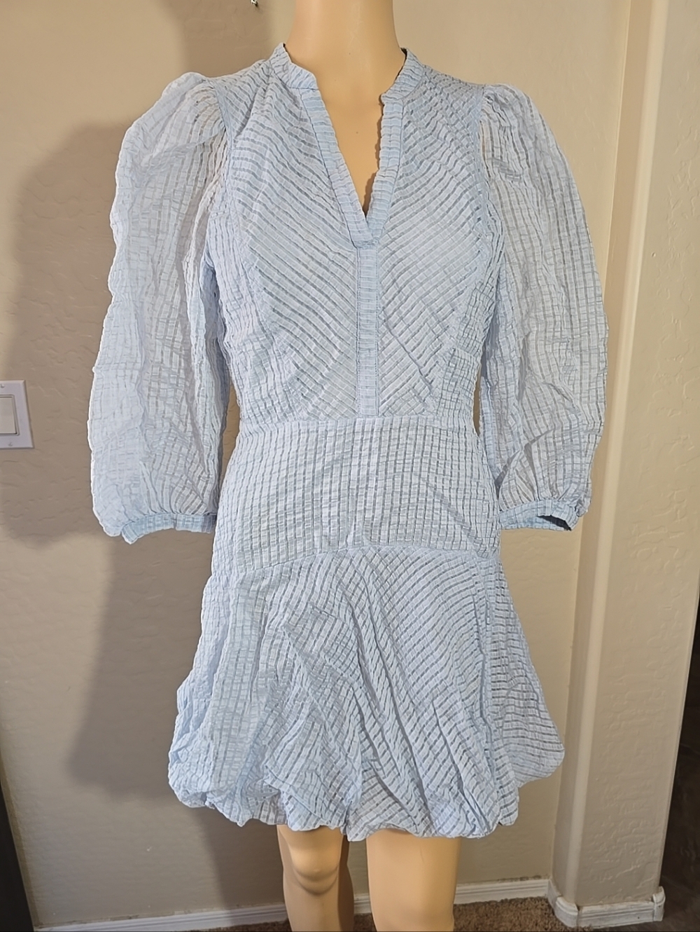 Rebecca Taylor Organdy Stripe Light Blue Puff-Sleeve Bubble Hem Mini Dress Sz 2